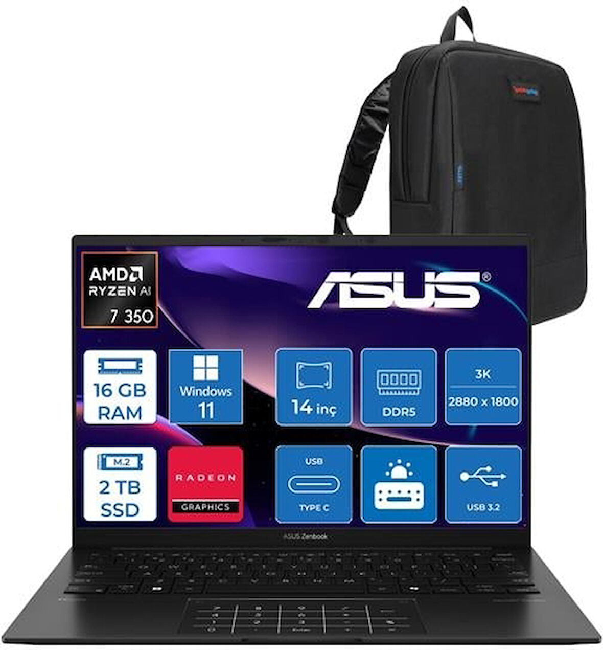 Asus Zenbook 14 OLED Ryzen Aı 7 350 16GB Ddr5 2tb SSD Intel Arc Graphics WIN11PRO 14" Wuxga OLED 600NITS Taşınabilir Bilgisayar UM3406KAP03 + Zettaçanta