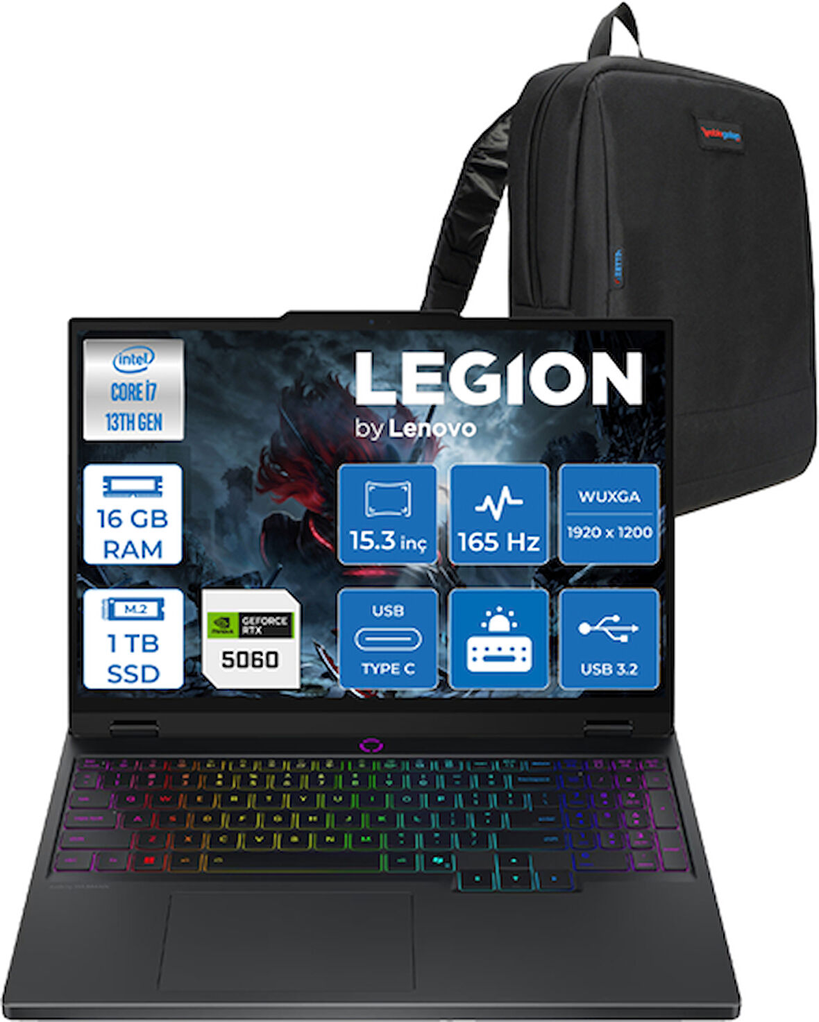 Lenovo Legion 5 Intel Core I7 13650HX 16GB Ddr5 1tb SSD 8GB/RTX5060/115W 15.3" Wuxga 165Hz IPS 100% Srgb Windows 11 Home Taşınabilir Bilgisayar 83LY00AXTRH02 + Zettaçanta