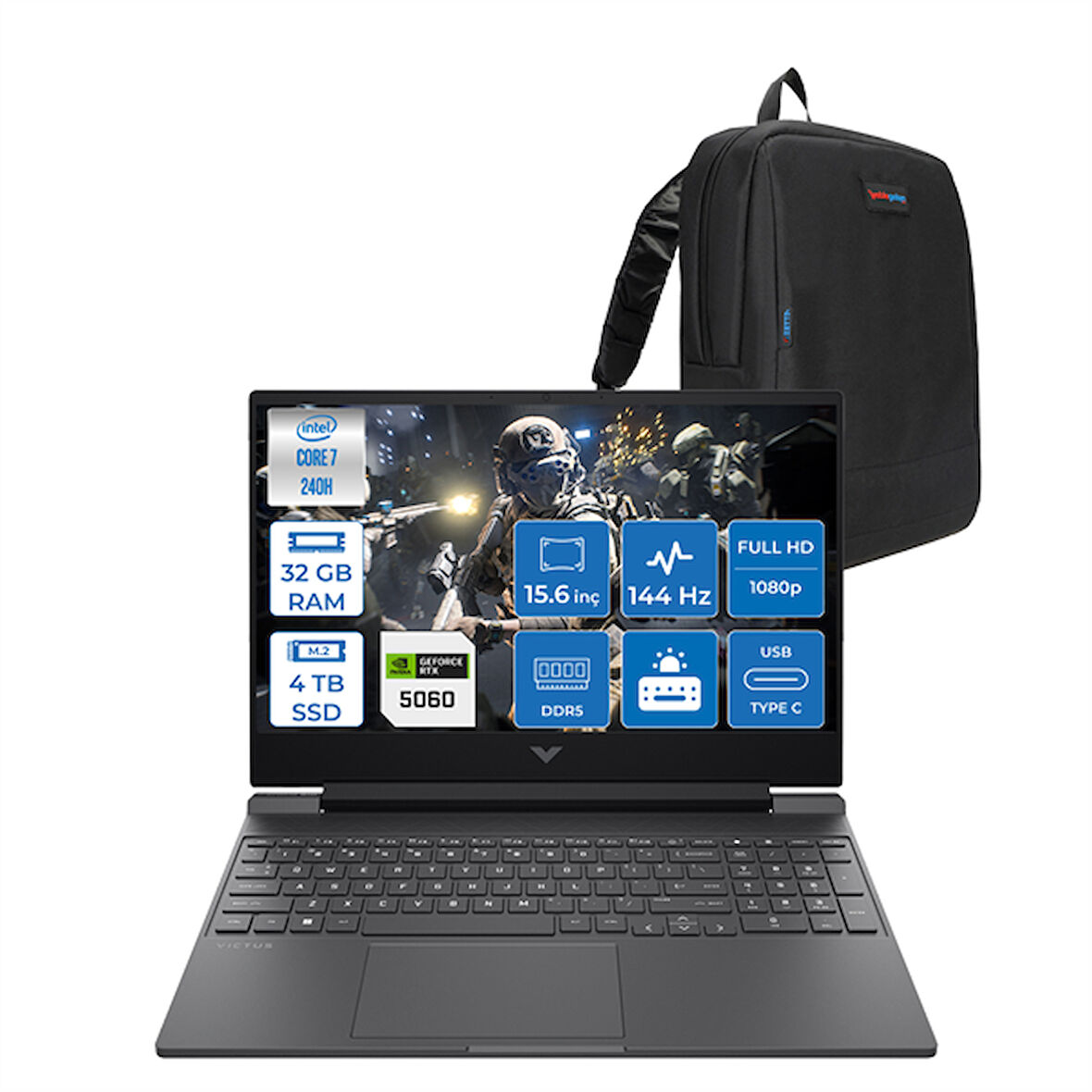 Hp Victus Intel Core I7 240H 32GB Ddr5 4tb SSD 8GB/RTX5060 15.6" Fhd 144Hz IPS 62.5% Srgb Freedos Taşınabilir Bilgisayar BV7W9EAF12 + Zettaçanta