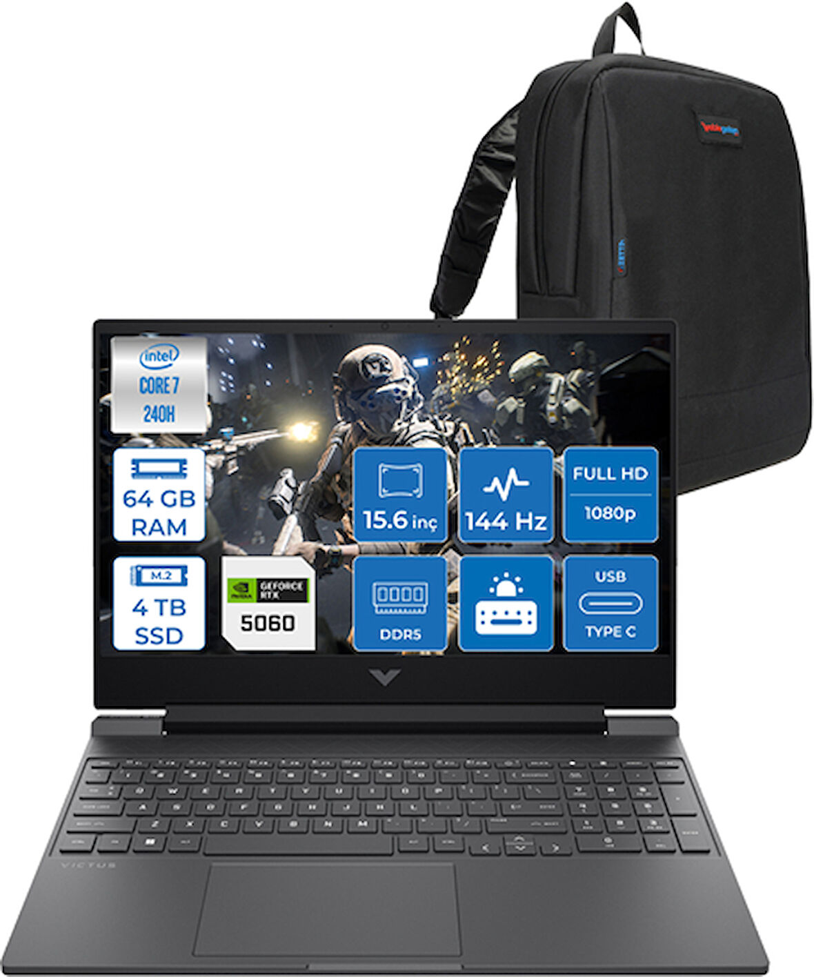Hp Victus Intel Core I7 240H 64GB Ddr5 4tb SSD 8GB/RTX5060 15.6" Fhd 144Hz IPS 62.5% Srgb Windows 11 Home Taşınabilir Bilgisayar BV7W9EAH24 + Zettaçanta