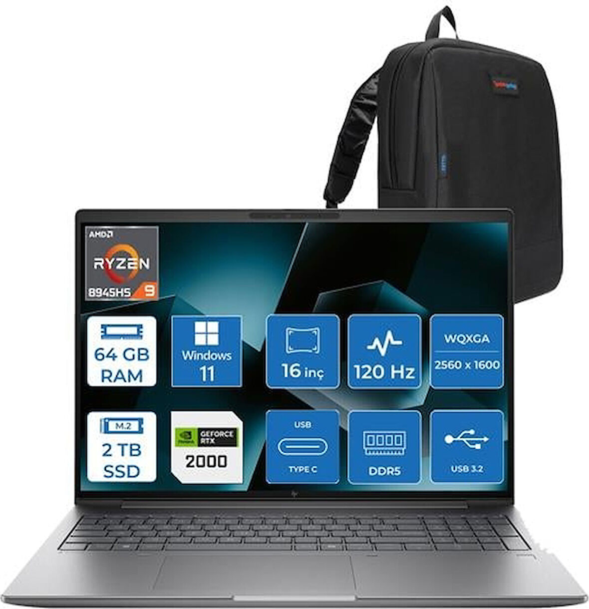 Hp Mws Zbook Power 16 G11A Ryzen 9 8945HS 64GB Ddr5 2tb SSD 8GB/RTX2000 16" Wqxga 120Hz IPS 400NITS Windows 11 Pro Taşınabilir Bilgisayar 8T0S3EAH23 + Zettaçanta
