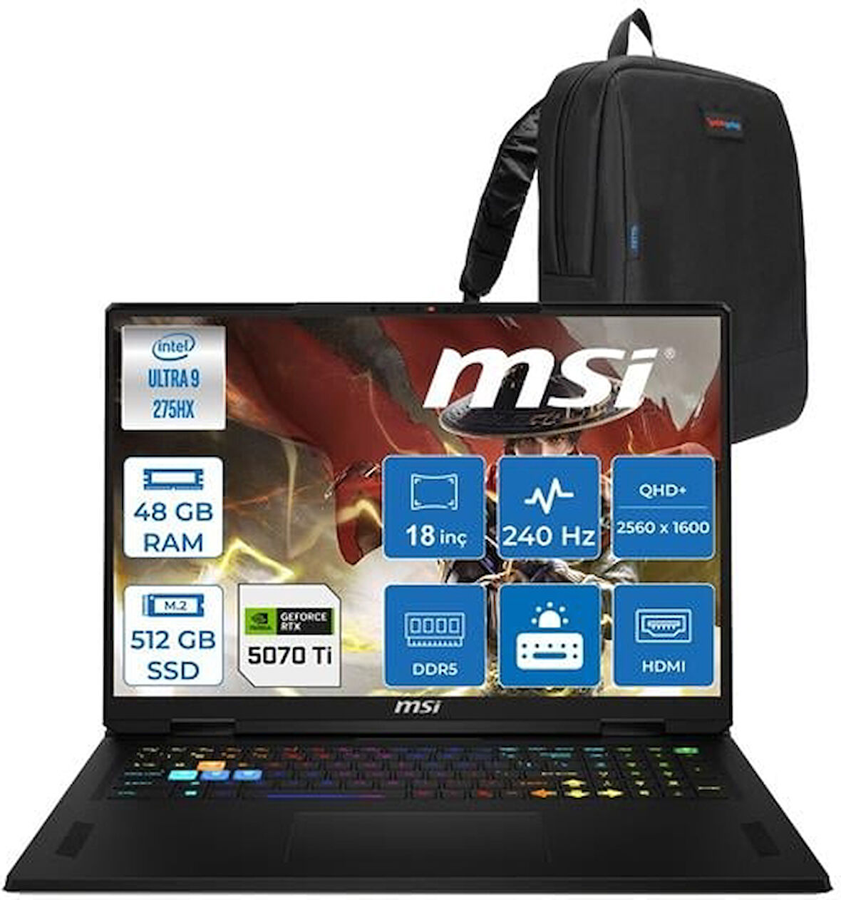 MSI Vector 18 Hx Aı Intel Core Ultra 9 275HX 48GB Ddr5 512GB SSD 12GB/RTX5070TI/140W 18" QHD+(2560X1600) 240Hz IPS Freedos Taşınabilir Bilgisayar A2XWHGTIF17 + Zettaçanta