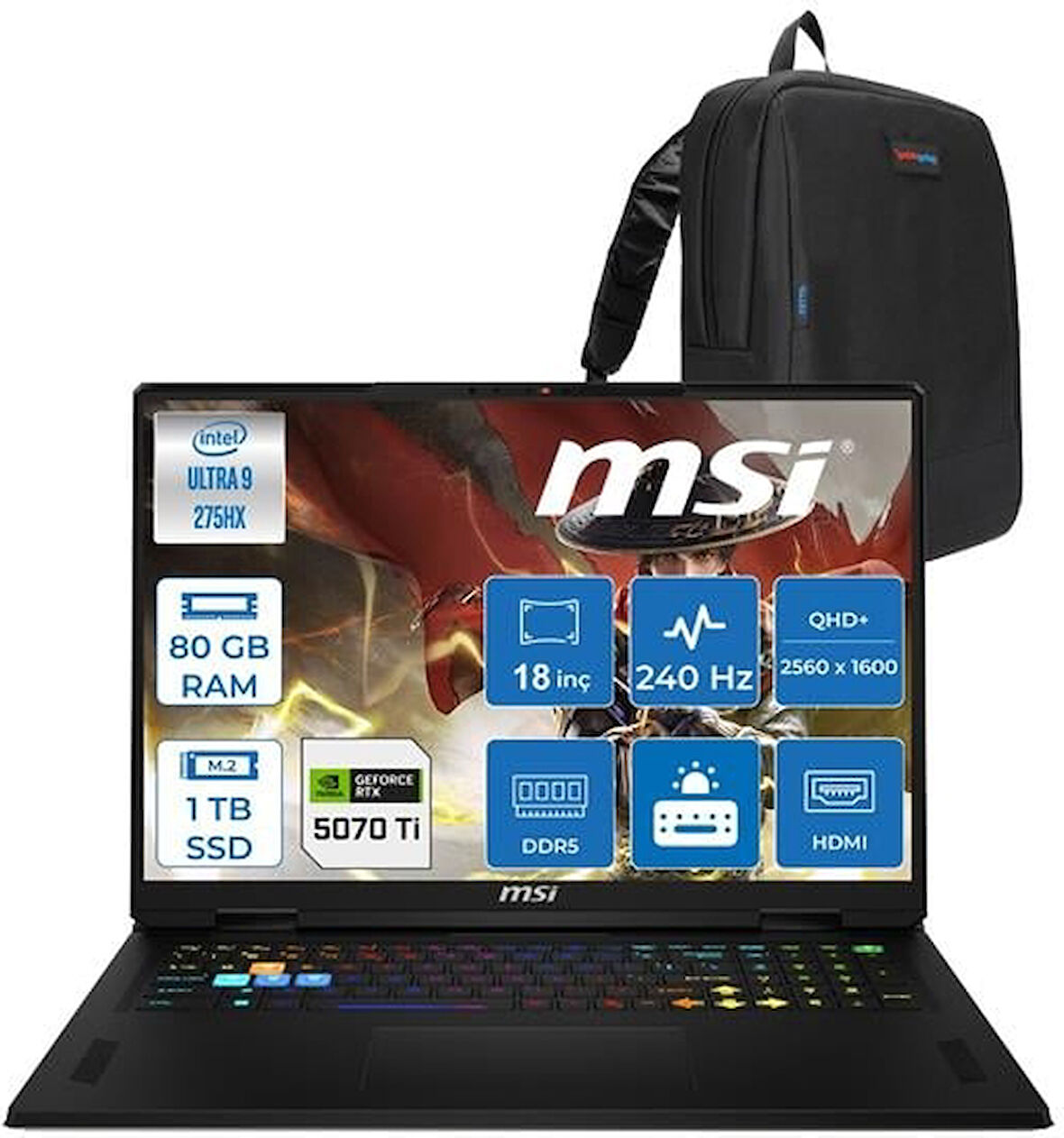 MSI Vector 18 Hx Aı Intel Core Ultra 9 275HX 80GB Ddr5 1tb SSD 12GB/RTX5070TI/140W 18" QHD+(2560X1600) 240Hz IPS Freedos Taşınabilir Bilgisayar A2XWHGTIF22 + Zettaçanta