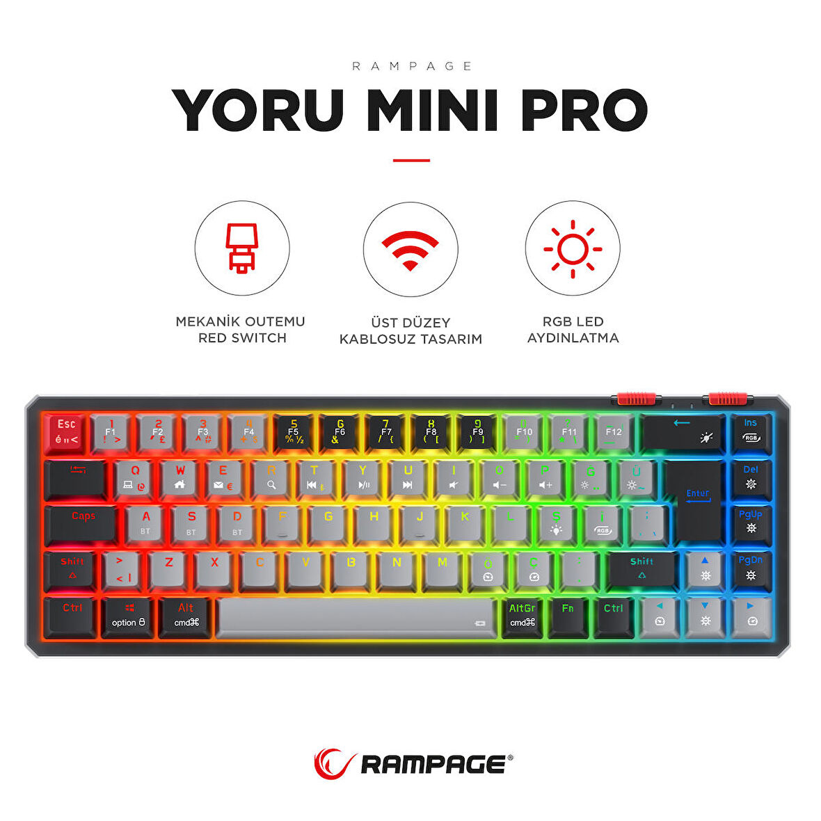 Rampage Yoru Mini Pro 2.4ghz+BT5.0+Type-C Bağlantı Red Switch RGB Mekanik Gaming Oyuncu Klavye Q Tr