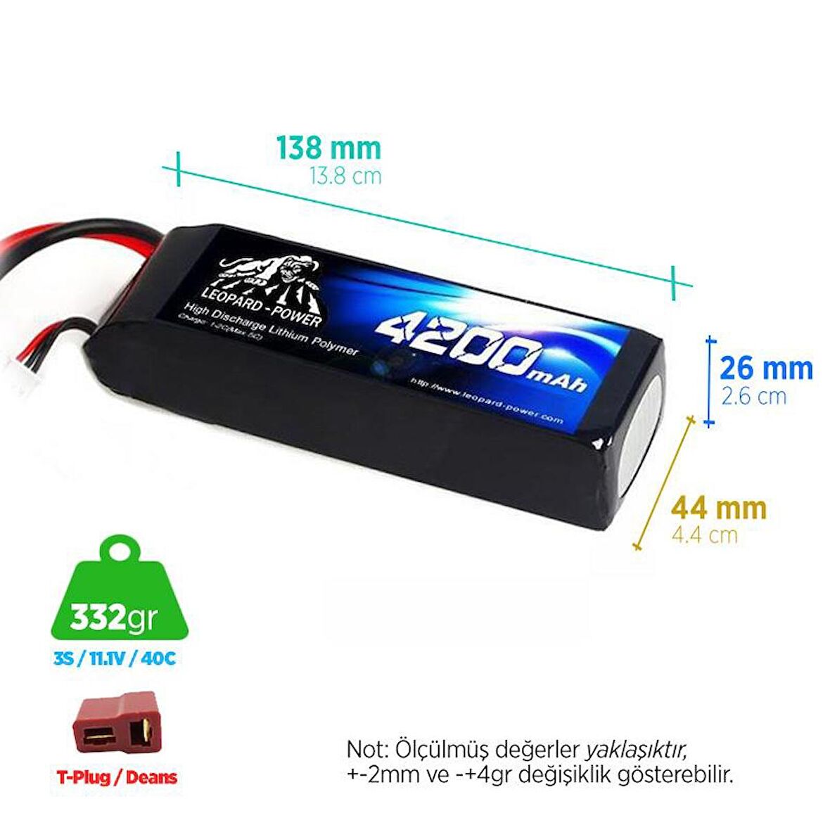 Leopard Power 4200 mAh 11.1V 3S 40C Lityum Polimer Lipo Batarya Pil T Plug