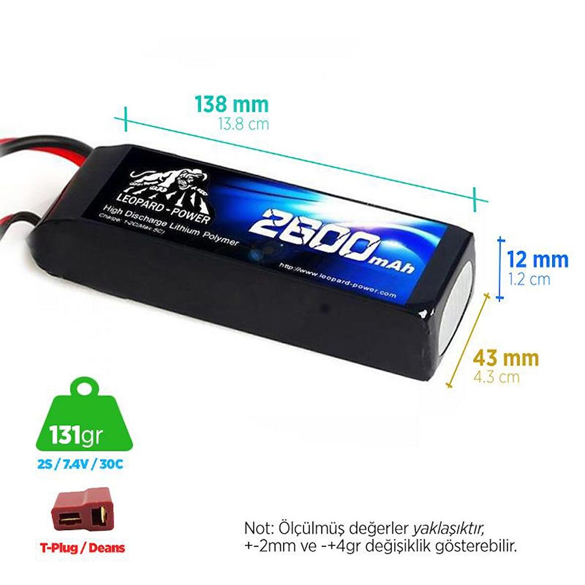 Leopard Power 2600 mAh 7.4V 2S 30C Lityum Polimer Lipo Batarya Pil T Plug