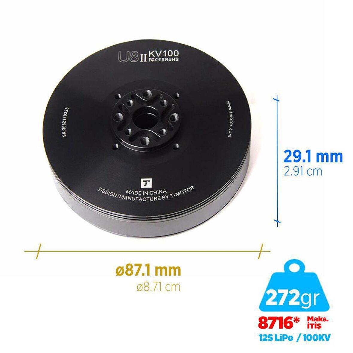 T-Motor U Power Type U8II 100KV Brushless Fırçasız Brushless Fırçasız UAV Motor Multikopter Multi-rotor Quadcopter Hexacopter Drone Motoru
