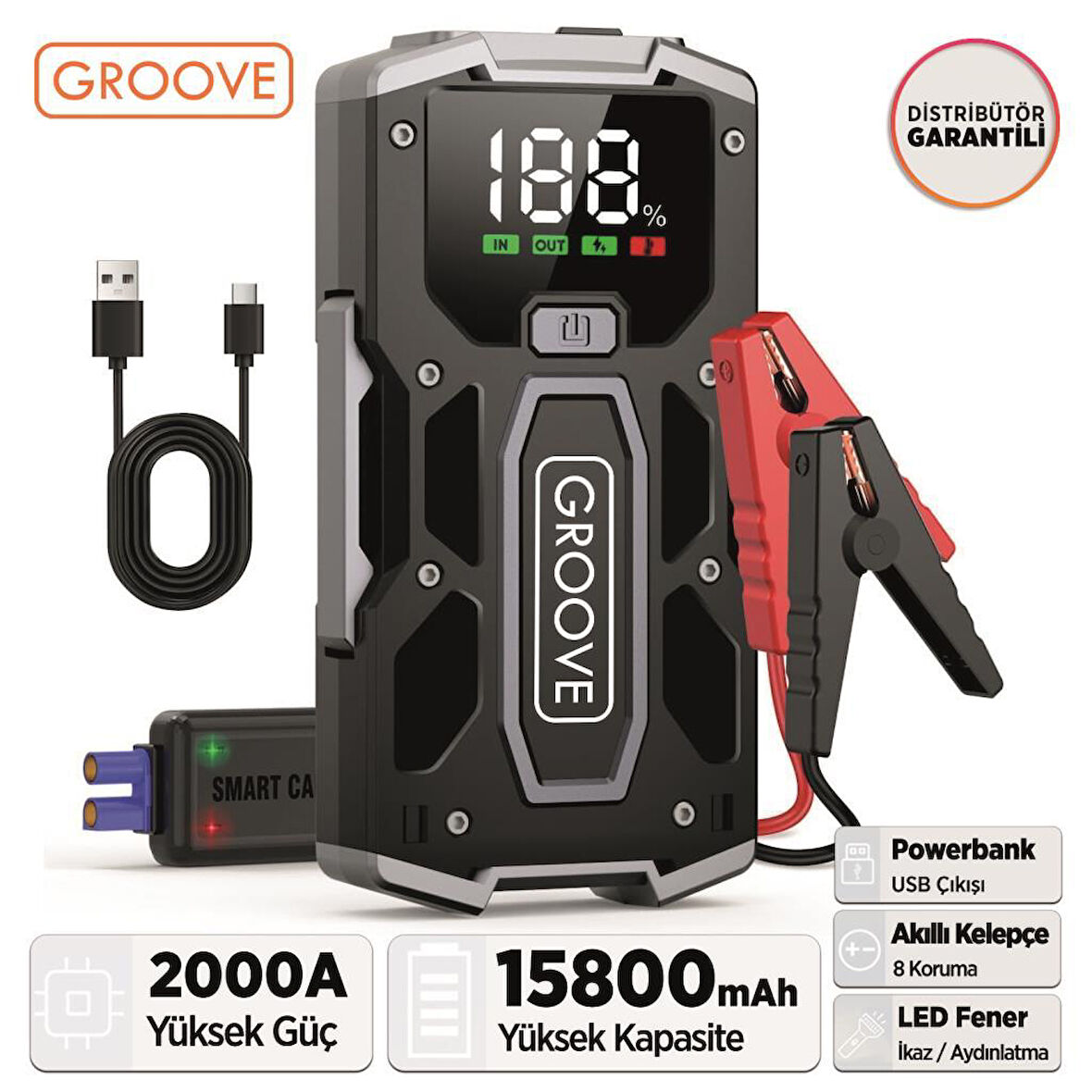 GROOVE M01 15800mAh 2000A Akü Takviye Cihazı Taşınabilir Jump Starter (Powerbank+Led Lamba+LCD Ekran)