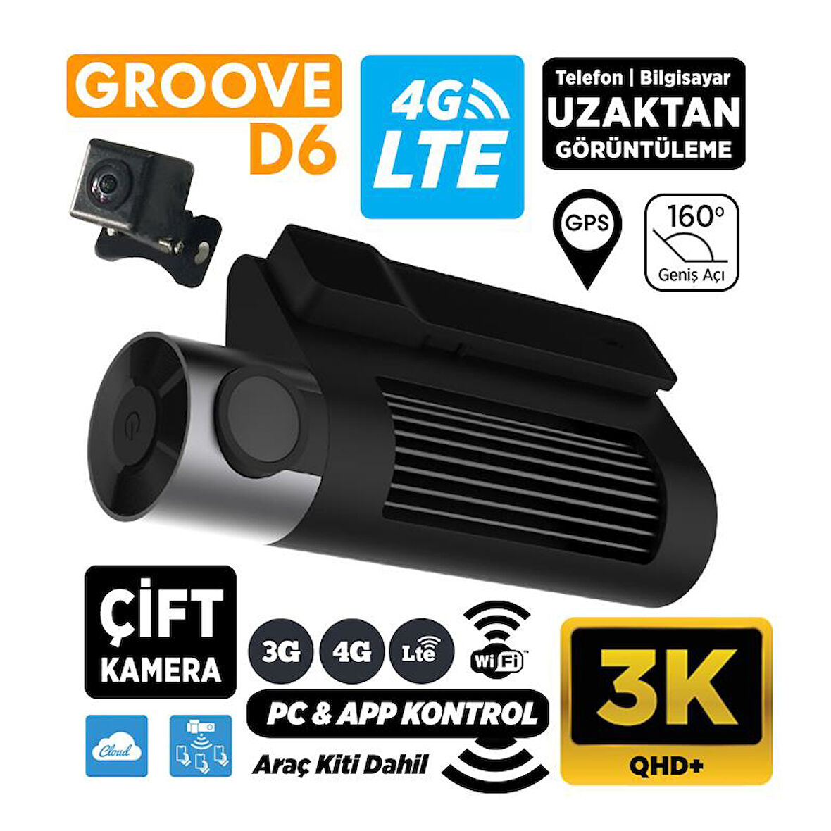 GROOVE D6 4G LTE 3K QHD Ön+Arka Araç İçi Kamera Sim Kart Destekli Uzaktan Erişim Canlı Takip|WiFi|GPS|160° Geniş Açı|G-Sensor|Çift Yönlü Konuşma|