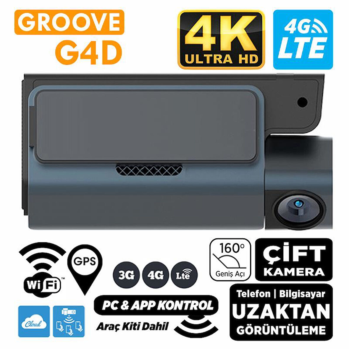 GROOVE G4D 4G LTE 4K UHD Ön+Arka Araç İçi Kamera Sim Kart Destekli Uzaktan Erişim Canlı Video |WiFi|GPS|160° Geniş Açı|G-Sensor|Çift Yönlü Konuşma|