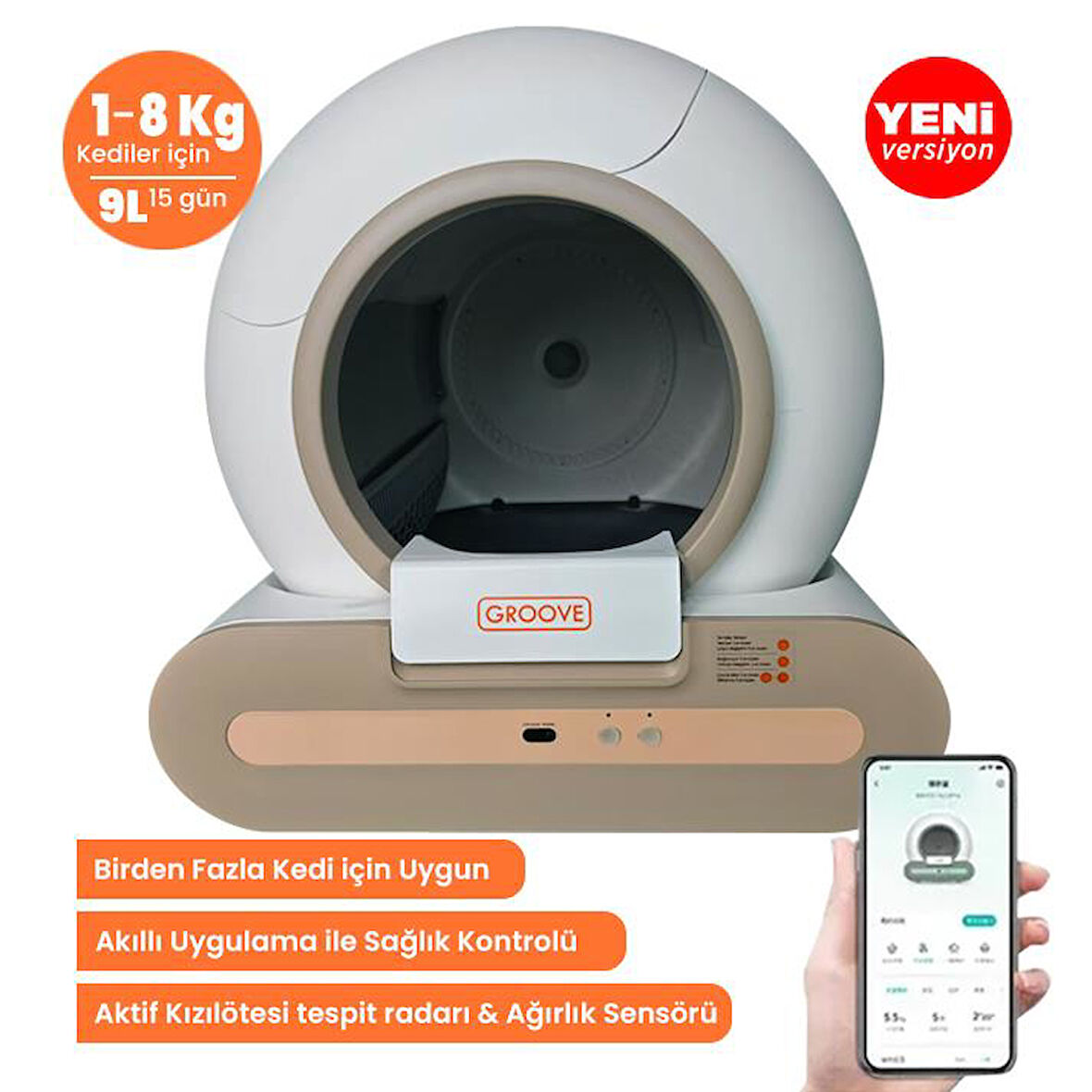 Groove Ti+ 65L Wi-Fi Otomatik Akıllı Kedi Tuvaleti Kahverengi (Ultra Sessiz+APP Kontrol+Akıllı Sensör+UV Filtre)