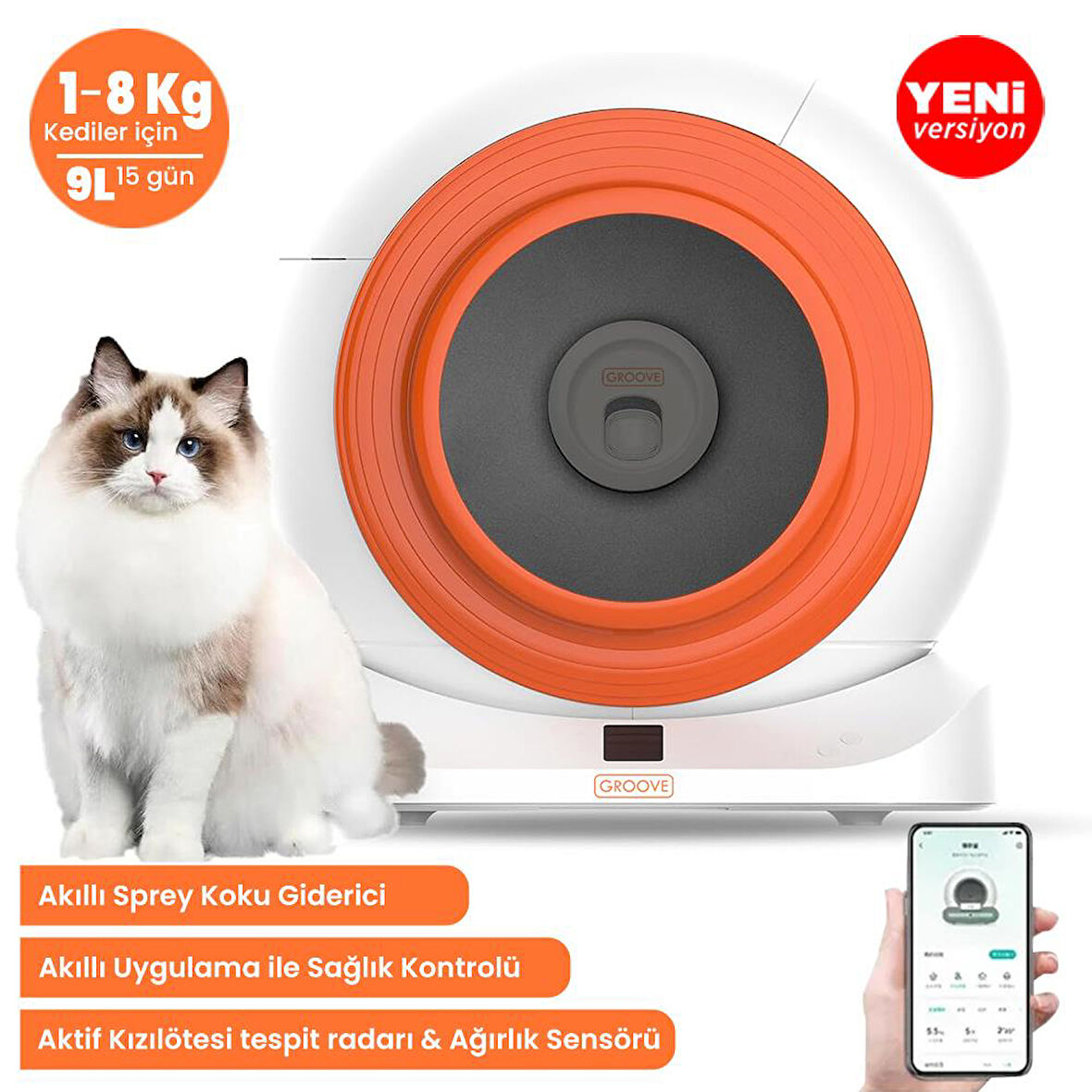 Groove Q-Clean Wi-Fi Otomatik Akıllı Kedi Tuvaleti Turuncu (Ultra Sessiz+Akıllı Sprey Koku Giderici+APP Kontrol+Akıllı Sensör)