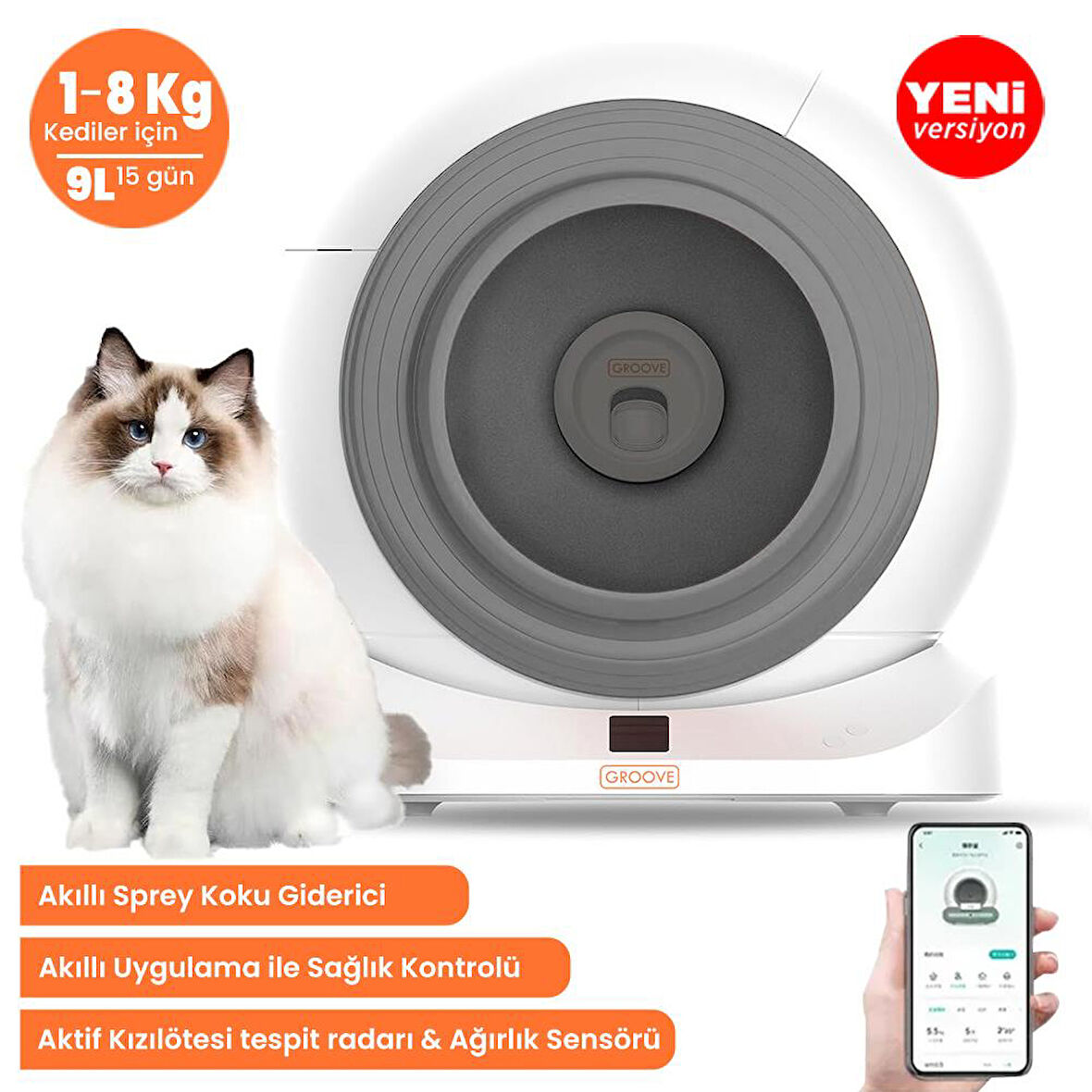 Groove Q-Clean Wi-Fi Otomatik Akıllı Kedi Tuvaleti Gri (Ultra Sessiz+Akıllı Sprey Koku Giderici+APP Kontrol+Akıllı Sensör)