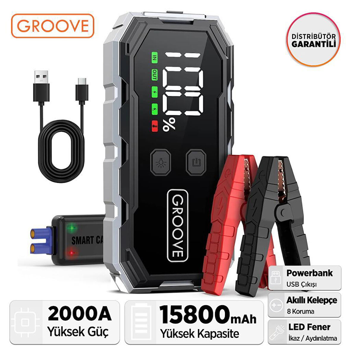 GROOVE F11 15800mAh 2000A Akü Takviye Cihazı Taşınabilir Jump Starter (Powerbank+Led Lamba+LCD Ekran)
