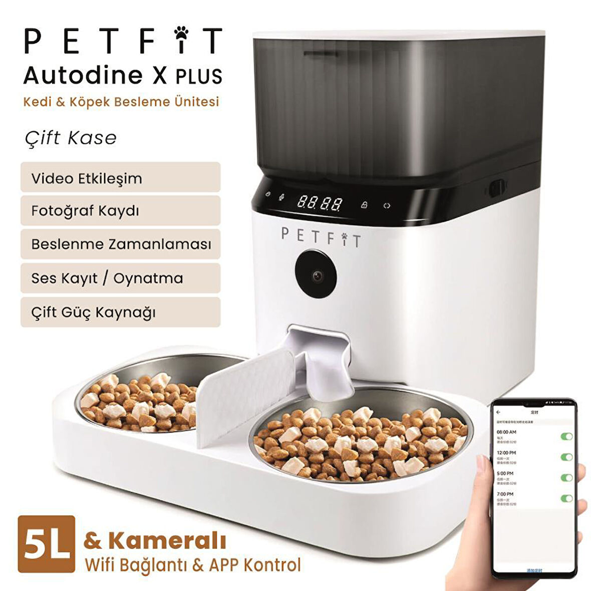 Petfit AutoDine X Plus 5L Wi-Fi Kameralı Çift Kase Akıllı Otomatik Kedi Köpek Mama Kabı Besleme Ünitesi (Sesli Komut+Çelik Kase+APP Kontrol)