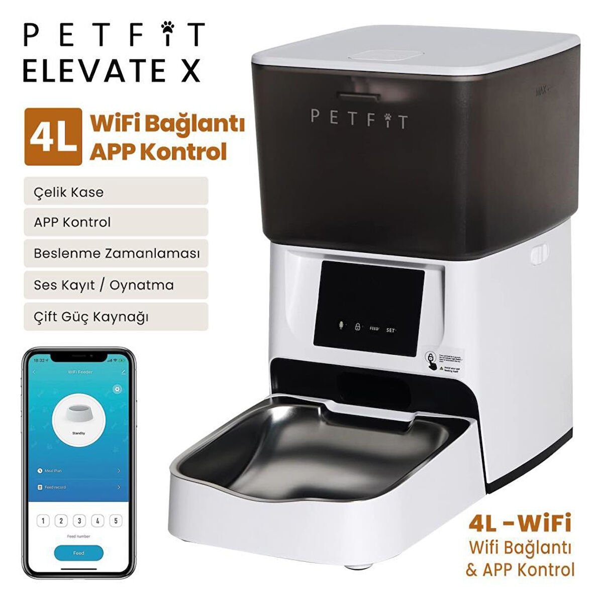 Petfit Elevate X 4L Wi-Fi Akıllı Otomatik Kedi Köpek Mama Kabı Besleme Ünitesi (Sesli Komut+Çelik Kase+APP Kontrol)