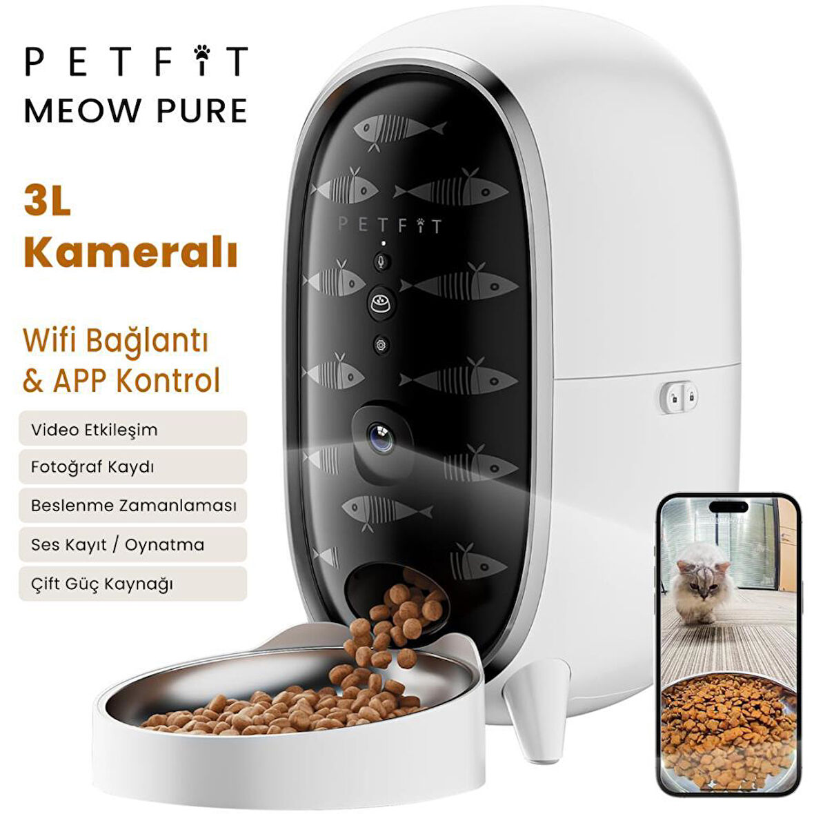 Petfit Meow Pure 3L Wi-Fi Kameralı Akıllı Otomatik Kedi Köpek Mama Kabı Besleme Ünitesi (Sesli Komut+Çelik Kase+APP Kontrol)
