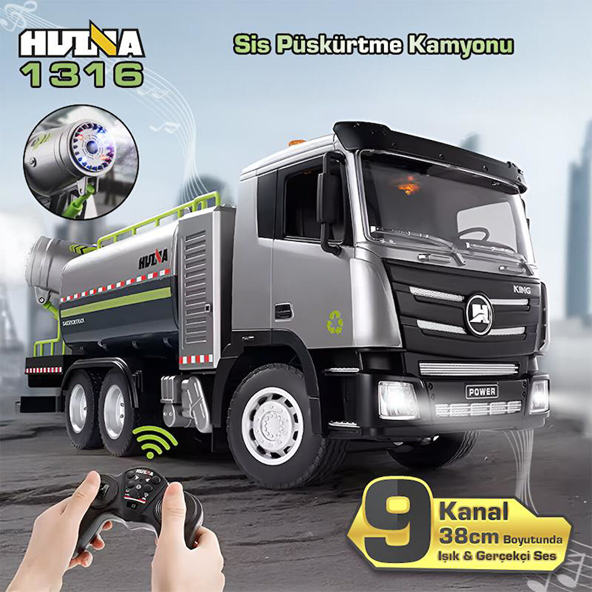 HUINA 1316 1/18 RC Sis Püskürtme Kamyonu İş Makinesi Uzaktan Kumandalı RC Model - 2.4Ghz Gerçekçi Similasyon Ses ve Işık Sistemi