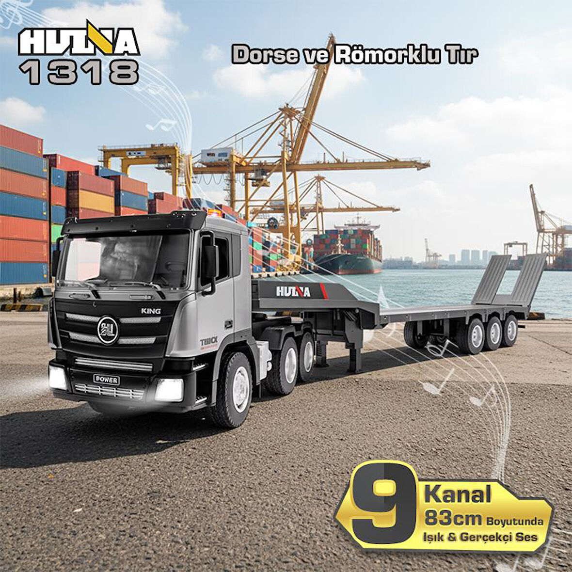 HUINA 1318 1/24 RC Dorse ve Römorklu Tır Kamyon Uzaktan Kumandalı İş Makinesi RC Model - 2.4Ghz Gerçekçi Similasyon Ses ve Işık Sistemi