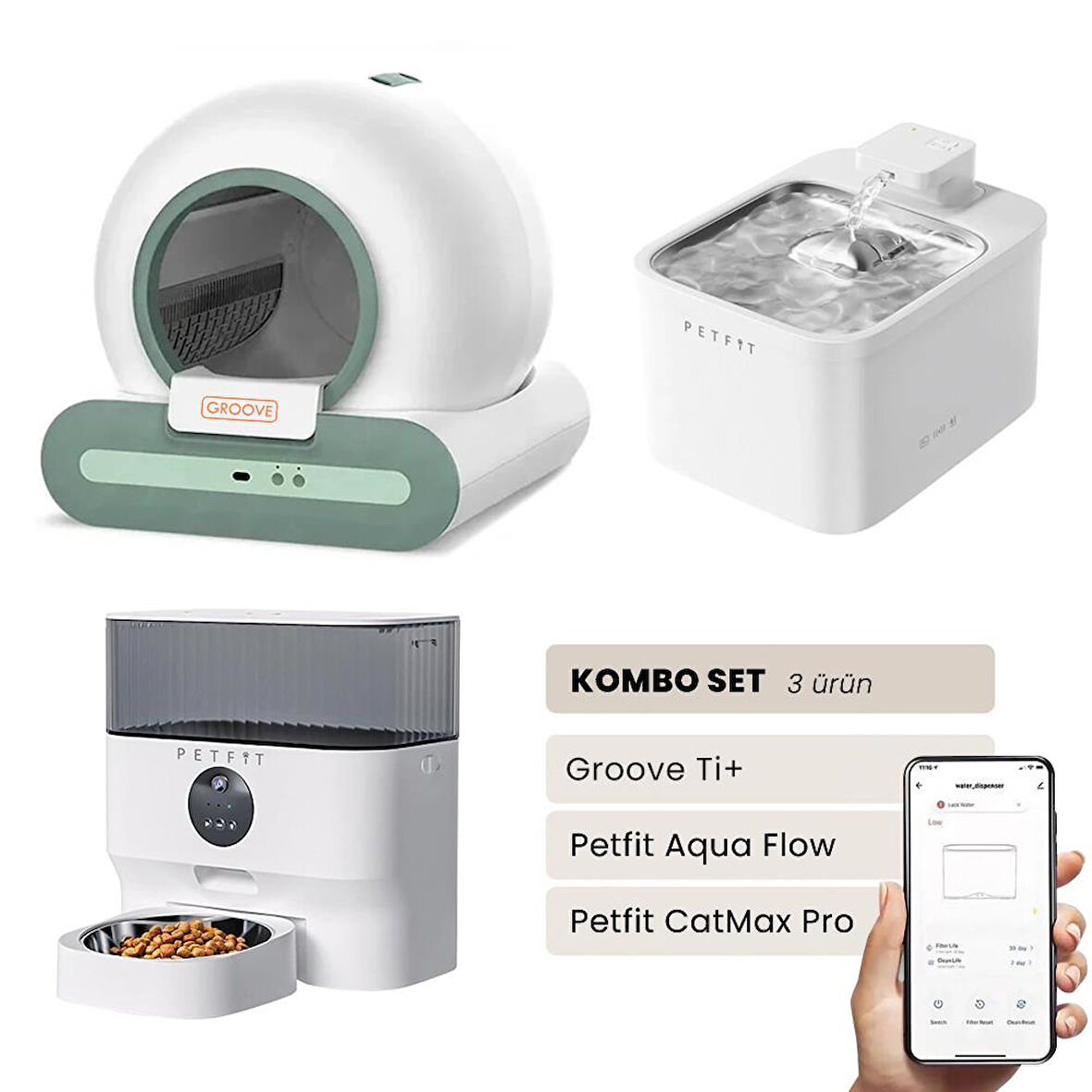 Groove Ti+ Akıllı Otomatik Kedi Tuvaleti Yeşil - Petfit Aqua Flow Akıllı Bataryalı Su Pınarı Çeşmesi + Petfit CatMax Pro Akıllı Otomatik Mama Kabı Bundle