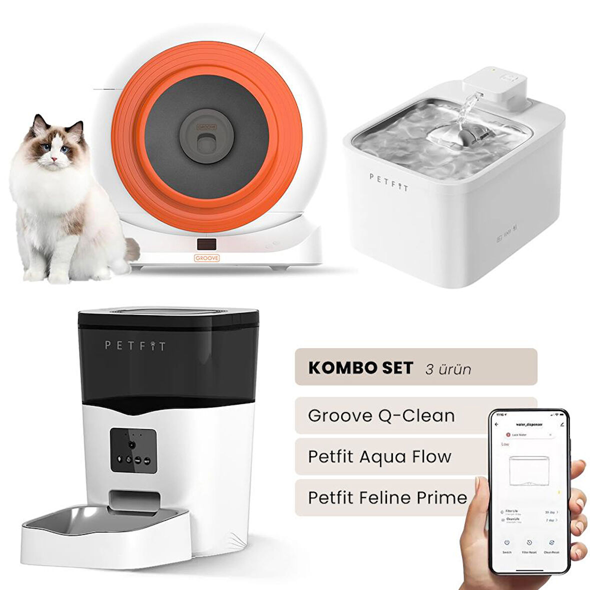 Groove Q-Clean Akıllı Otomatik Kedi Tuvaleti Turuncu - Petfit Aqua Flow Akıllı Bataryalı Su Pınarı Çeşmesi + Petfit Feline Prime Akıllı Otomatik Mama Kabı Bundle