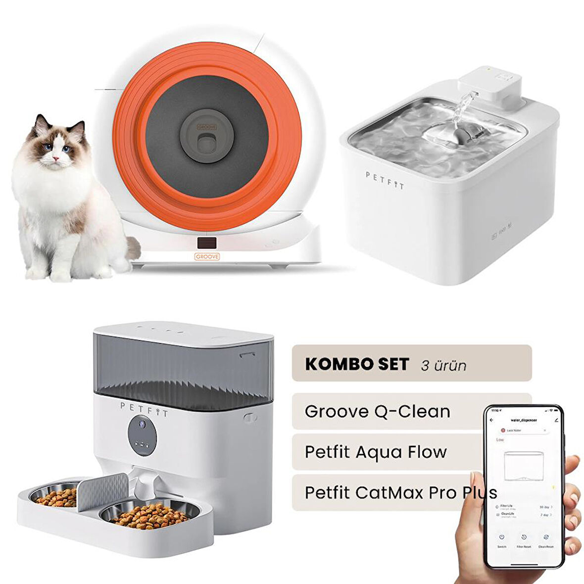 Groove Q-Clean Akıllı Otomatik Kedi Tuvaleti Turuncu - Petfit Aqua Flow Akıllı Bataryalı Su Pınarı Çeşmesi + Petfit CatMax Pro Plus Akıllı Otomatik Mama Kabı Bundle