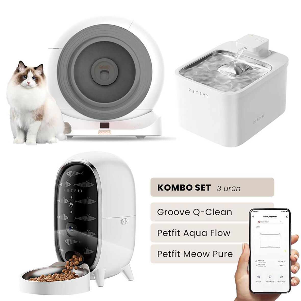 Groove Q-Clean Akıllı Otomatik Kedi Tuvaleti Gri - Petfit Aqua Flow Akıllı Bataryalı Su Pınarı Çeşmesi + Petfit Meow Pure Akıllı Otomatik Mama Kabı Bundle