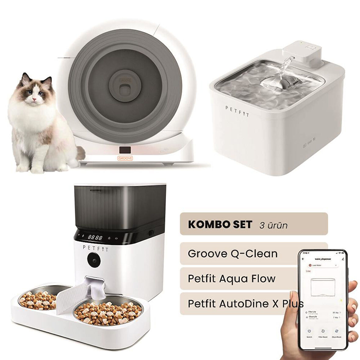 Groove Q-Clean Akıllı Otomatik Kedi Tuvaleti Gri - Petfit Aqua Flow Akıllı Bataryalı Su Pınarı Çeşmesi + Petfit AutoDine X Plus Akıllı Otomatik Mama Kabı Bundle
