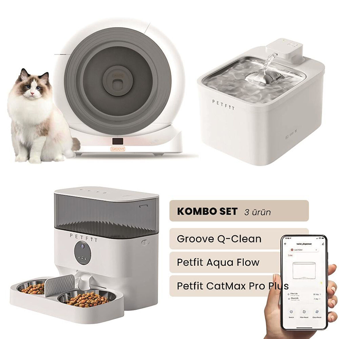 Groove Q-Clean Akıllı Otomatik Kedi Tuvaleti Gri - Petfit Aqua Flow Akıllı Bataryalı Su Pınarı Çeşmesi + Petfit CatMax Pro Plus Akıllı Otomatik Mama Kabı Bundle
