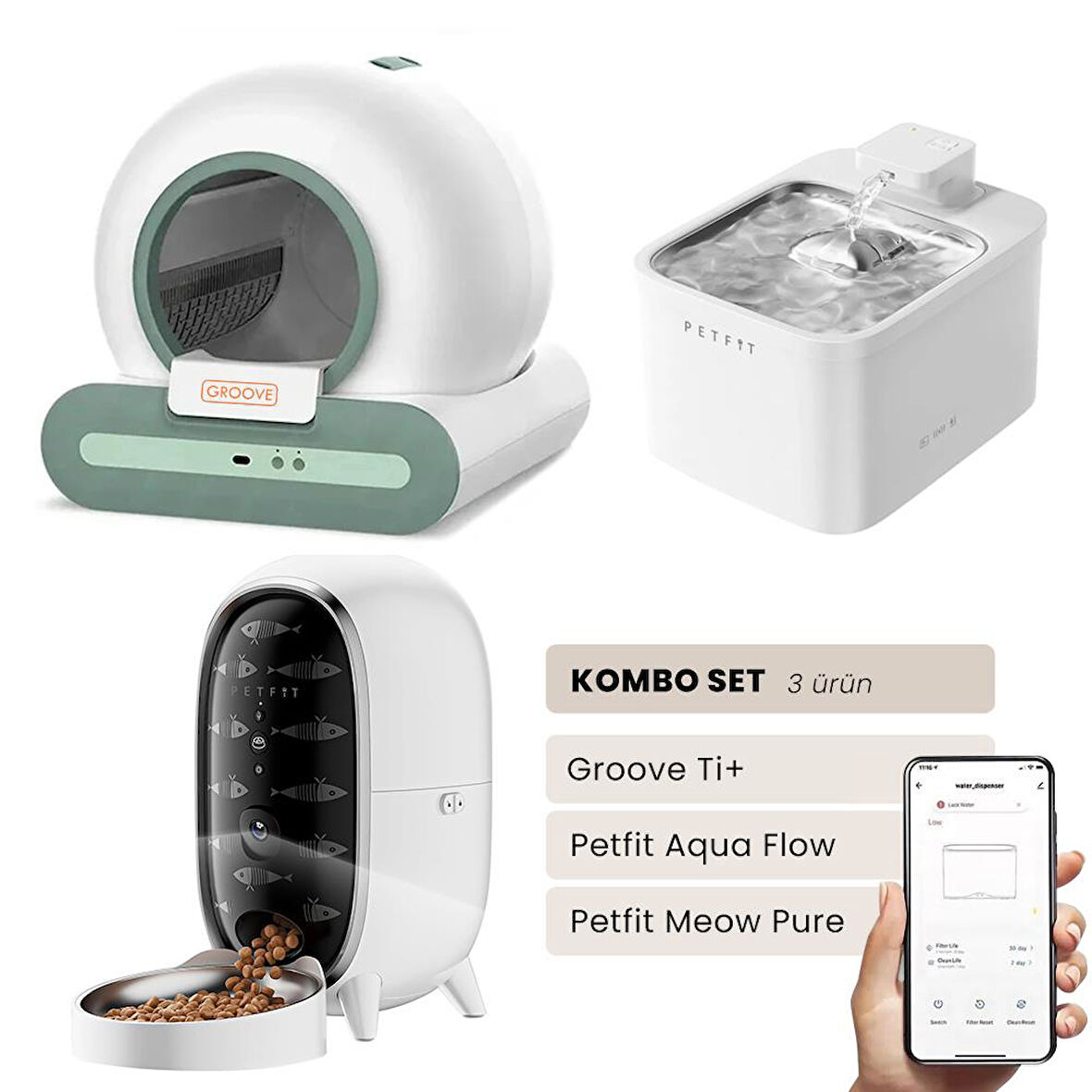 Groove Ti+ Akıllı Otomatik Kedi Tuvaleti Yeşil - Petfit Aqua Flow Akıllı Bataryalı Su Pınarı Çeşmesi + Petfit Meow Pure Akıllı Otomatik Mama Kabı Bundle