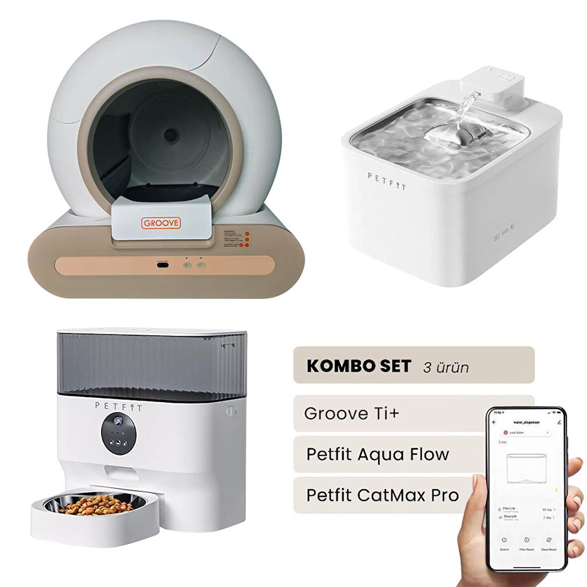 Groove Ti+ Akıllı Otomatik Kedi Tuvaleti Kahverengi - Petfit Aqua Flow Akıllı Bataryalı Su Pınarı Çeşmesi + Petfit CatMax Pro Akıllı Otomatik Mama Kabı Bundle