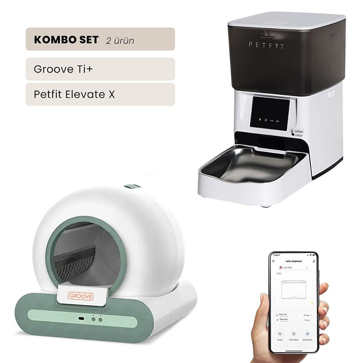 Groove Ti+ Wi-Fi Akıllı Otomatik Kedi Tuvaleti Yeşil + Petfit Elevate X 4L Wi-Fi Akıllı Otomatik Mama Kabı Besleme Ünitesi Bundle
