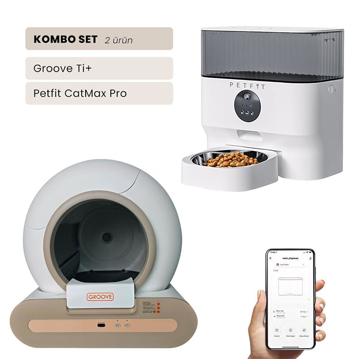 Groove Ti+ Wi-Fi Akıllı Otomatik Kedi Tuvaleti Kahverengi + Petfit CatMax Pro 5L Wi-Fi Kameralı Akıllı Otomatik Mama Kabı Besleme Ünitesi Bundle