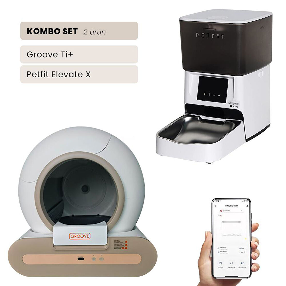 Groove Ti+ Wi-Fi Akıllı Otomatik Kedi Tuvaleti Kahverengi + Petfit Elevate X 4L Wi-Fi Akıllı Otomatik Mama Kabı Besleme Ünitesi Bundle 