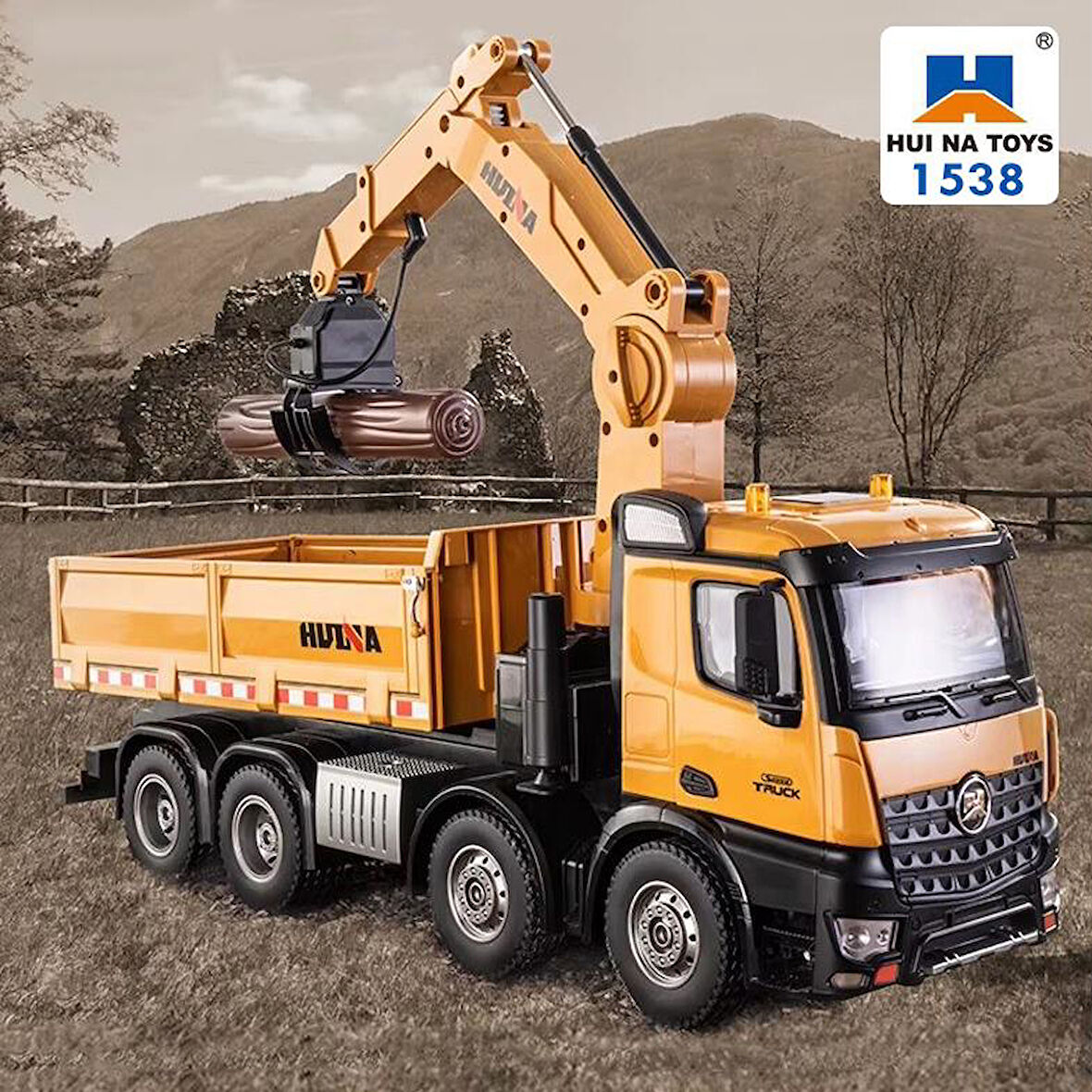 HUINA 1538 1/14 26CH 8x4 Damperli Kamyon RC Kumandalı İş Makinesi 3 Farklı Tutma Kollu Kepçeli RC Model Kereste Kamyonu - 2.4G Full Fonksiyon Sesli&Işıklı