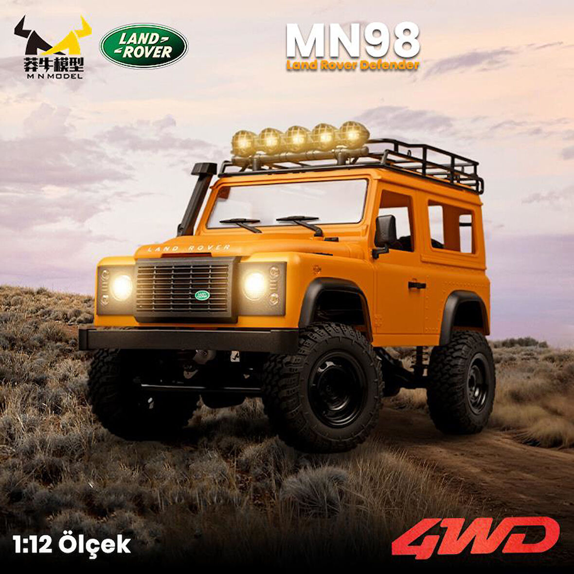 MN Model MN98 V2 1/12 Land Rover Defender D90 4WD RC Model Crawler Offroad Uzaktan Kumandalı Araba Truck RTR Lisanslı Sarı+Dahili Işık Seti