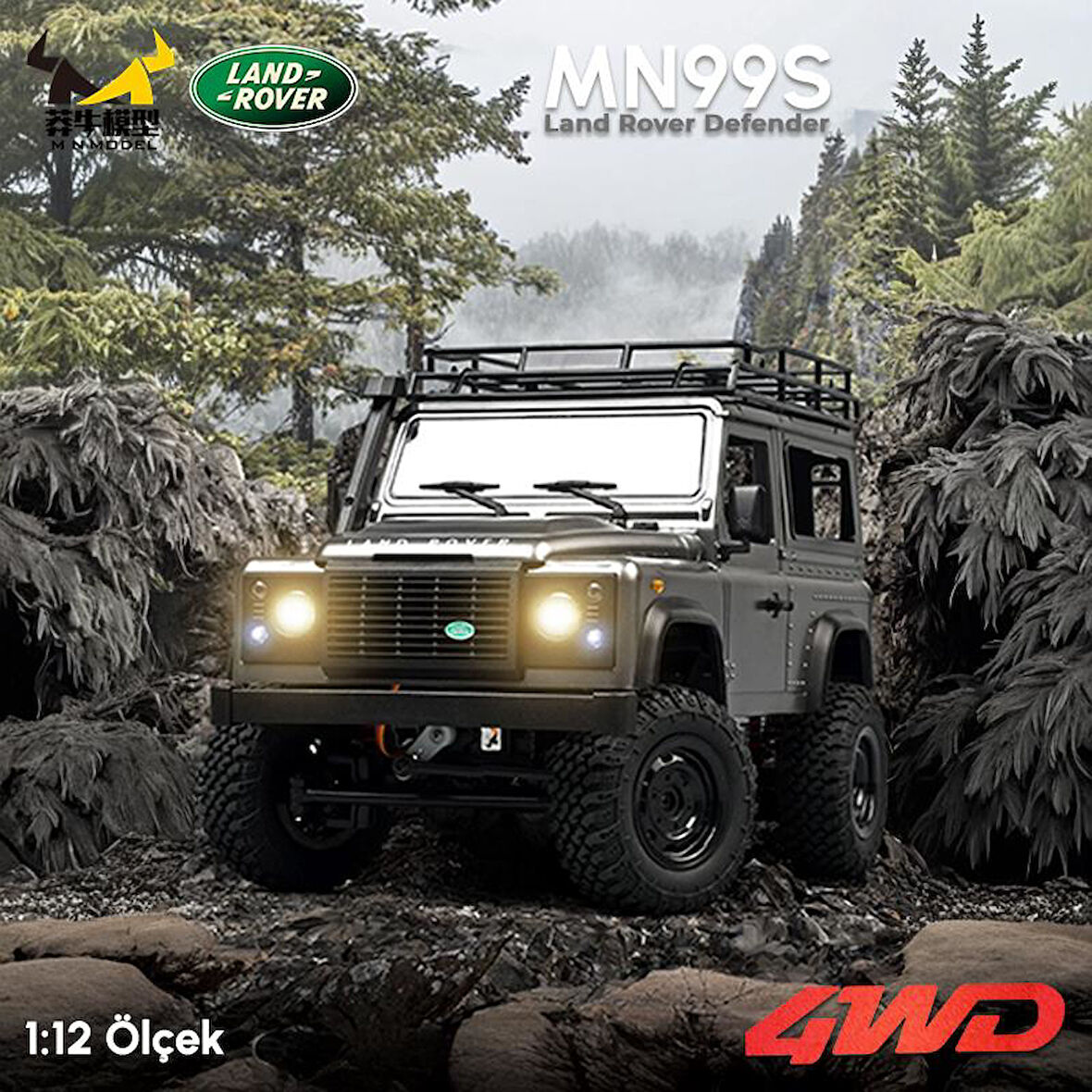 MN Model MN99S V2 1/12 Land Rover Defender 4WD RC Model Crawler Offroad Uzaktan Kumandalı Araba Truck RTR Lisanslı Gümüş+Dahili Işık Seti MN-99S V2