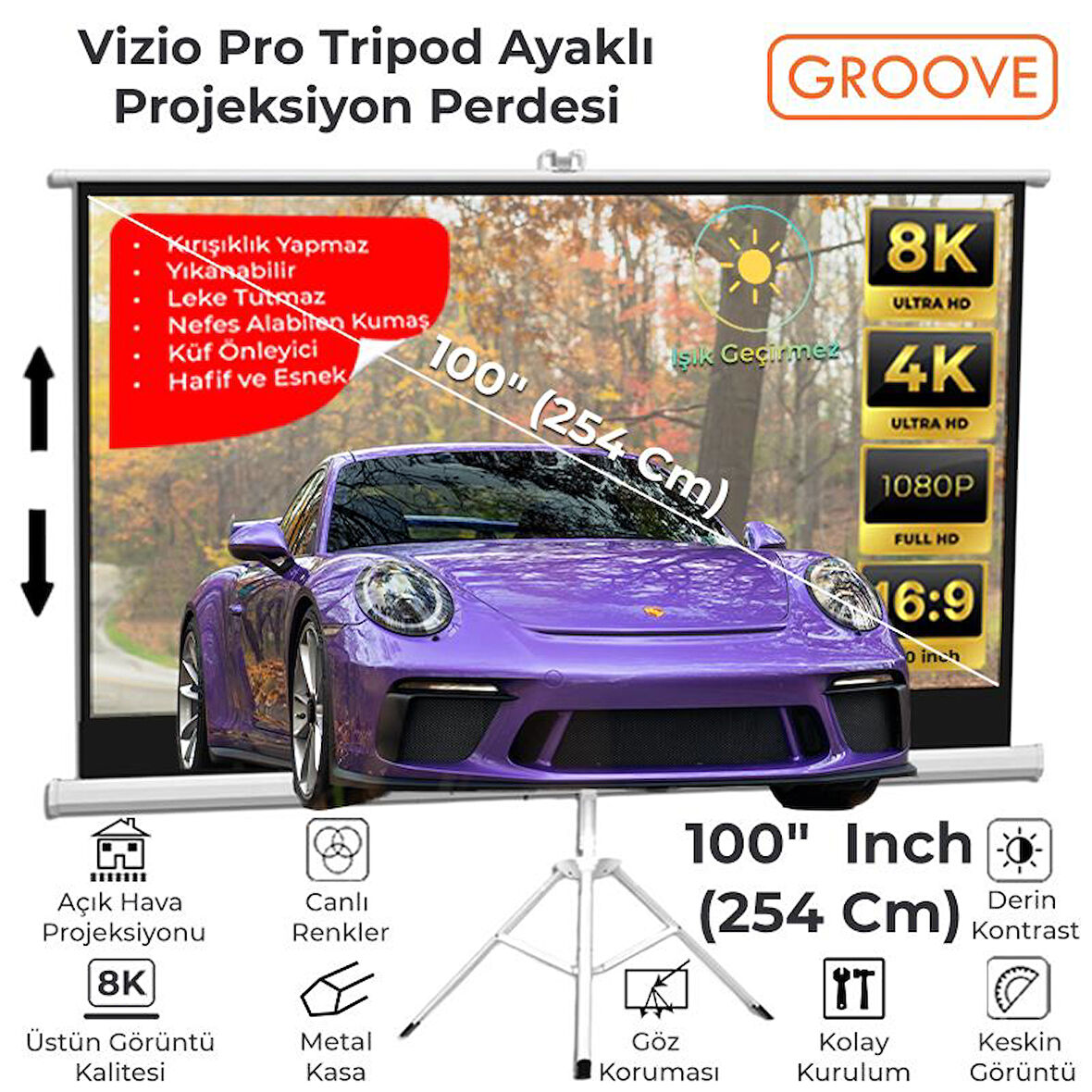 Groove Vizio Pro 100¨Inch 220x125cm Blackout Işık Geçirmez Tripod Ayaklı Projeksiyon Perdesi +Taşınabilir+Canlı Renkler+Göz Koruması+Leke Tutmaz Projector