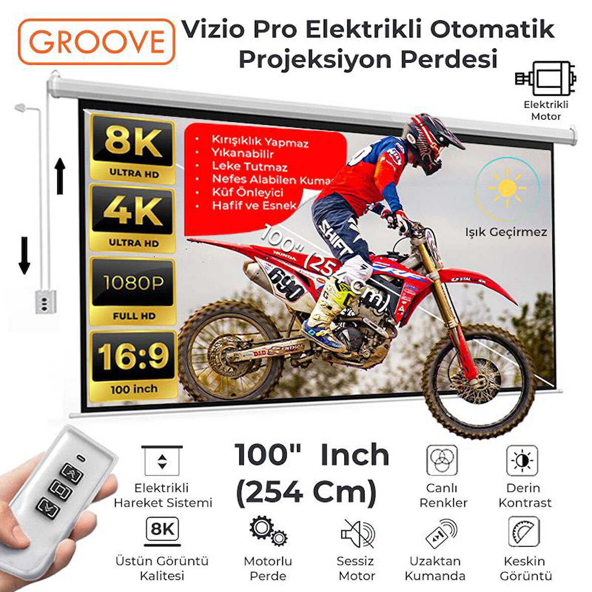 Groove Vizio Pro 100¨ Inch Blackout Işık Geçirmez Elektrikli Otomatik Kumandalı Projeksiyon Perdesi 220x125cm +Motorlu+Canlı Renkler+Göz Koruması+Leke Tutmaz Projector