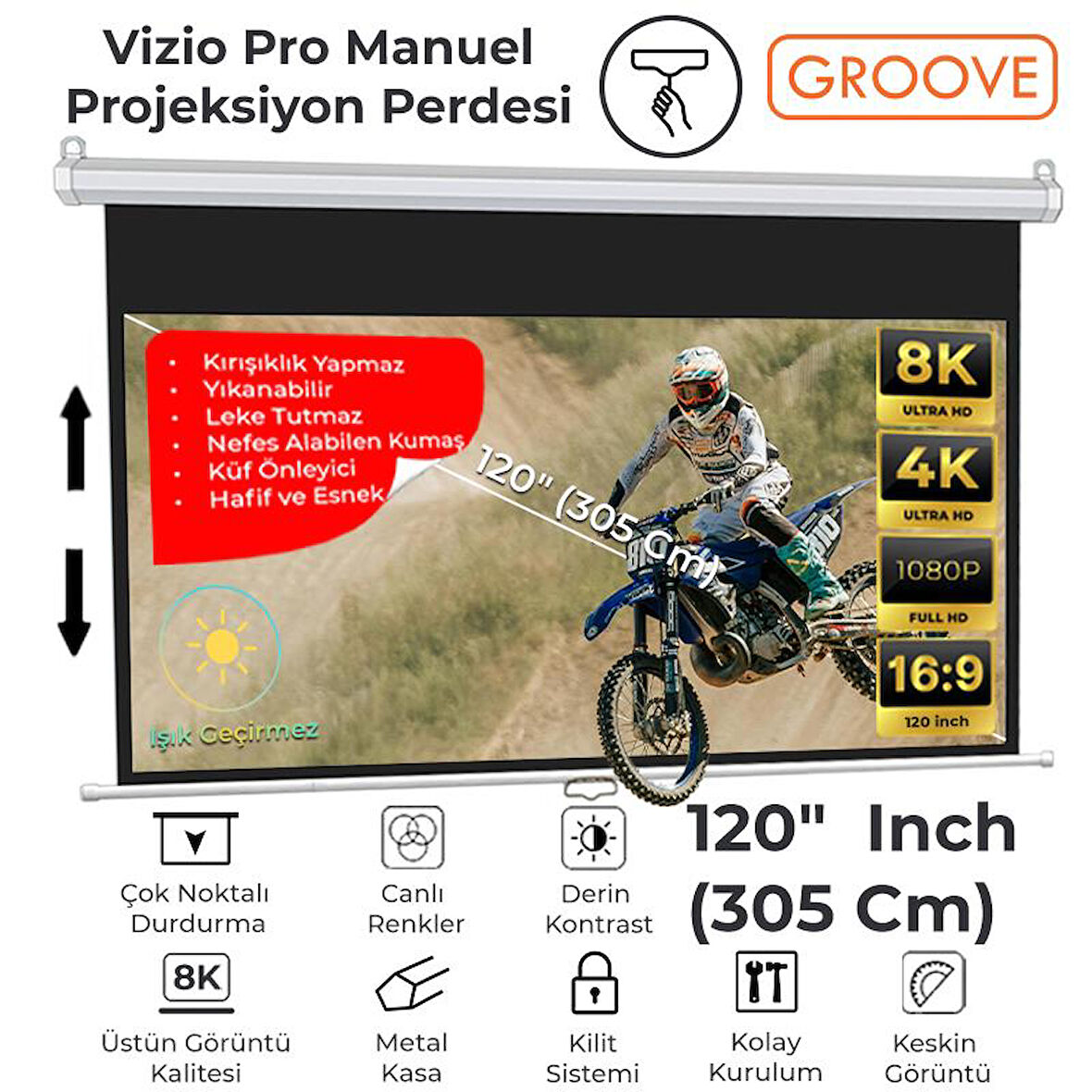 Groove Vizio Pro 120¨ Inch 265x150cm Blackout Işık Geçirmez Profesyonel Projeksiyon Perdesi +Canlı Renkler+Göz Koruması+Leke Tutmaz Projector