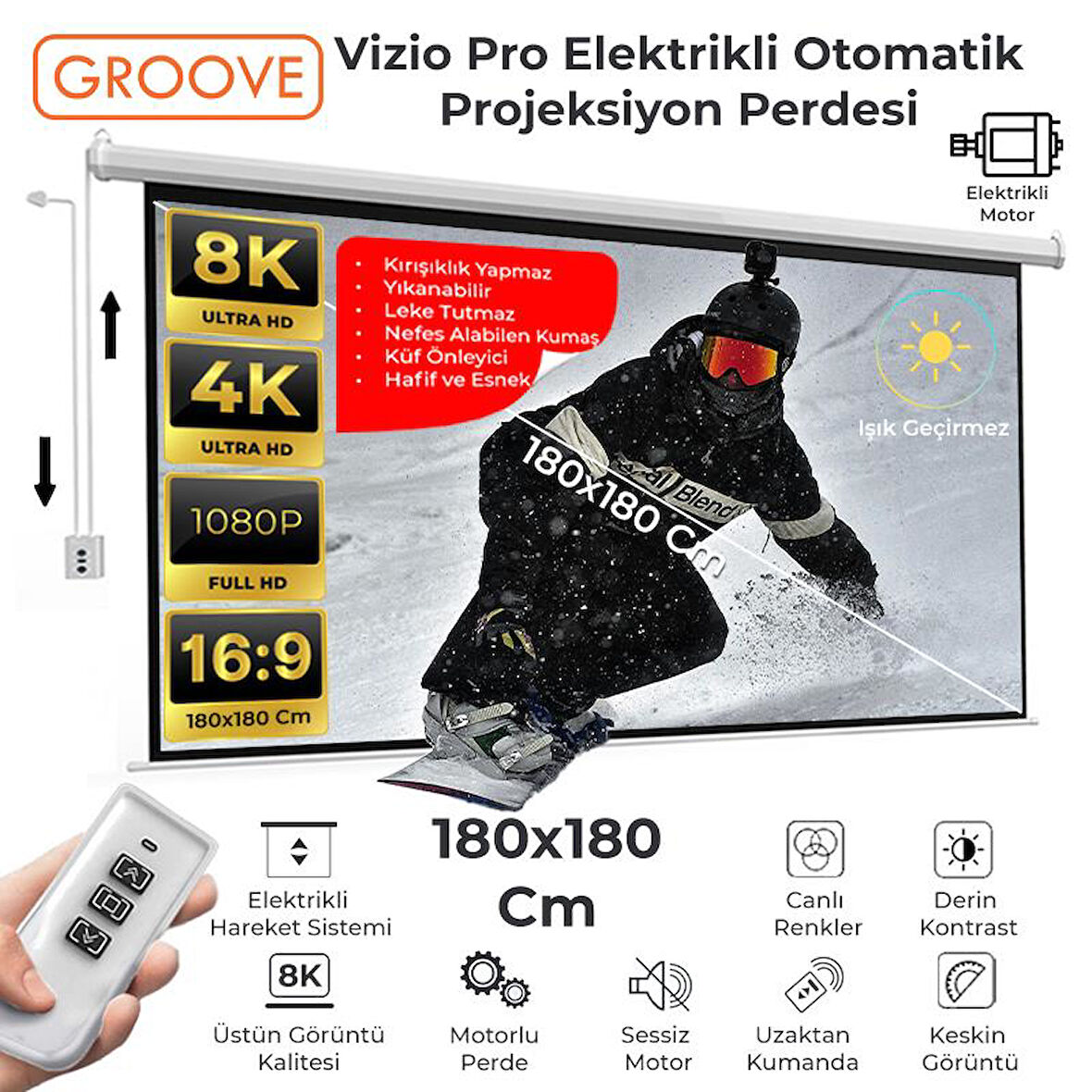 Groove Vizio Pro 180x180cm Blackout Işık Geçirmez Elektrikli Otomatik Kumandalı Projeksiyon Perdesi +Motorlu+Canlı Renkler+Göz Koruması+Leke Tutmaz Projector