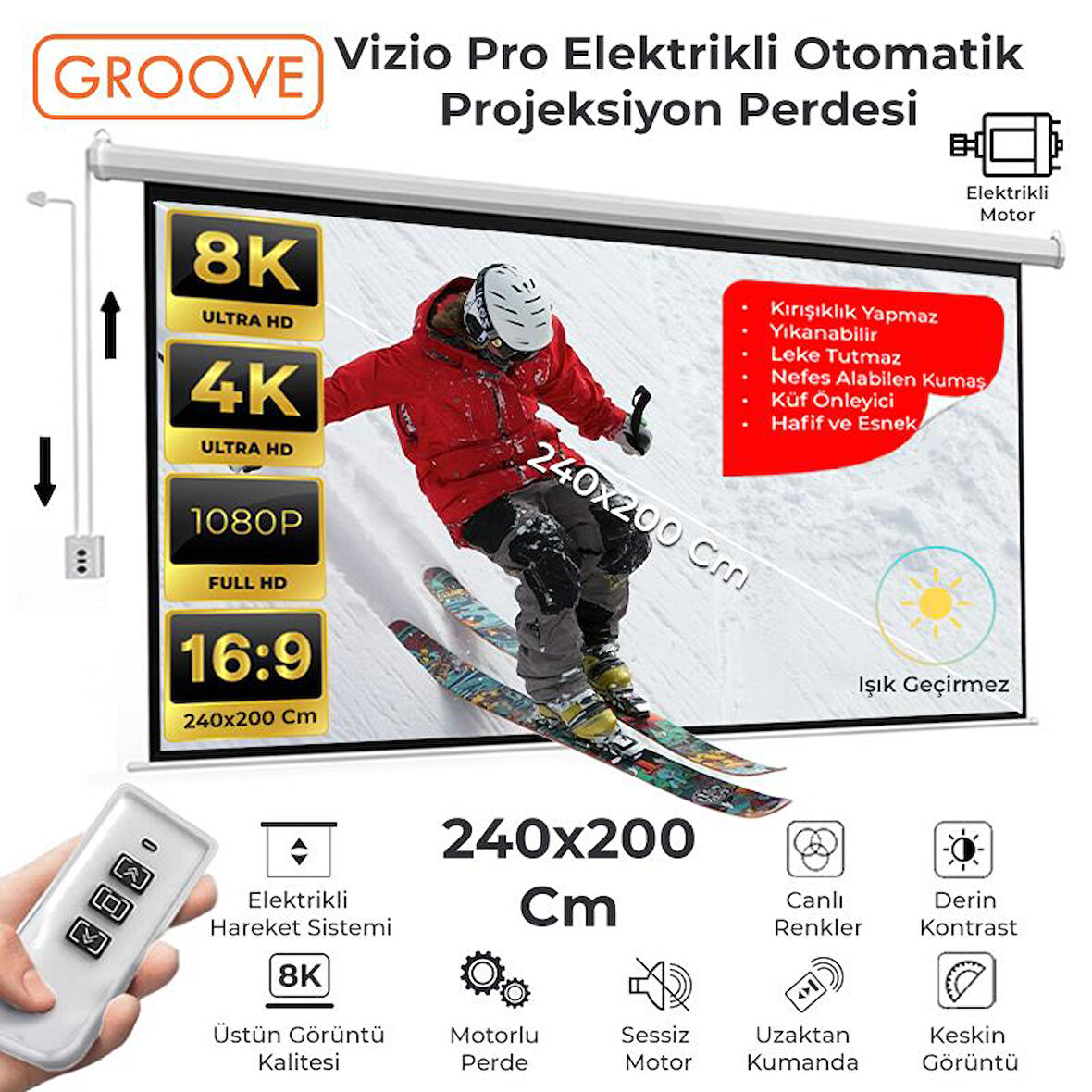 Groove Vizio Pro 240x200cm Blackout Işık Geçirmez Elektrikli Otomatik Kumandalı Projeksiyon Perdesi +Motorlu+Canlı Renkler+Göz Koruması+Leke Tutmaz Projector