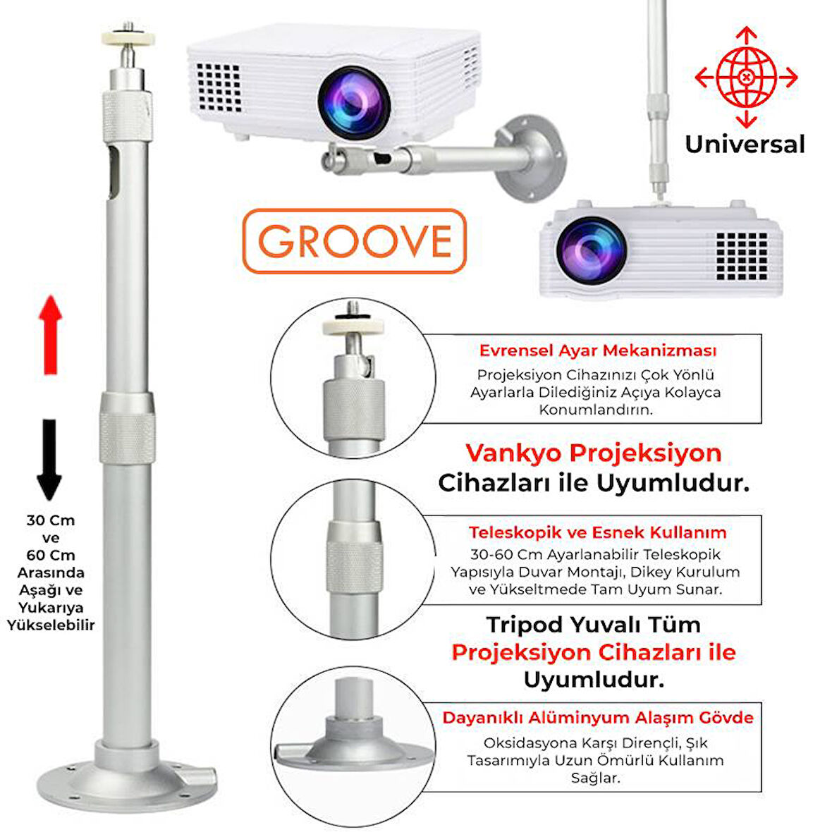 Vankyo Groove 30-60CM Alüminyum Projeksiyon Cihazı Tavan Askı Aparatı Duvar Bağlantı Aparatı Universal Projector Beyaz (360° Dönebilen Tripod Yuvalı)