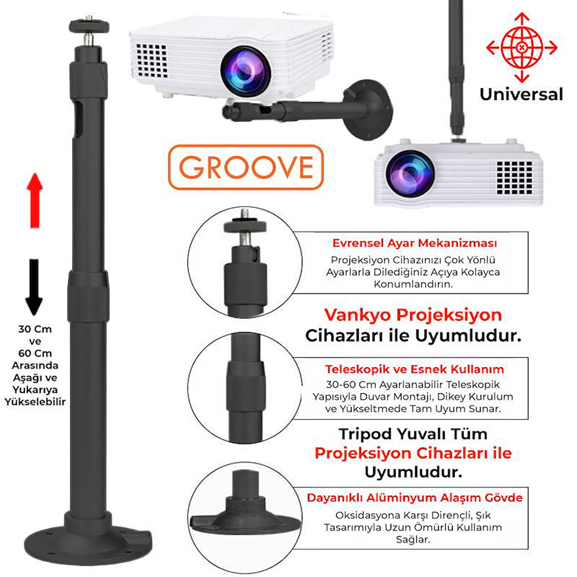 Vankyo Groove 30-60CM Alüminyum Projeksiyon Cihazı Tavan Askı Aparatı Duvar Bağlantı Aparatı Universal Projector Siyah (360° Dönebilen Tripod Yuvalı)