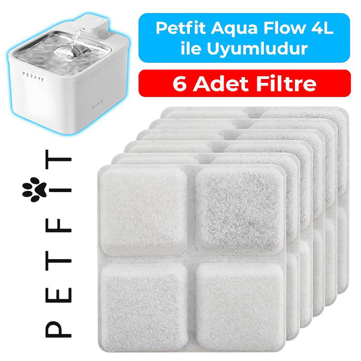 Petfit Aqua Flow 4L Akıllı Otomatik Kedi Köpek Su Pınarı Su Çeşmesi Su Şelalesi İçin Filtre (6 Adet)