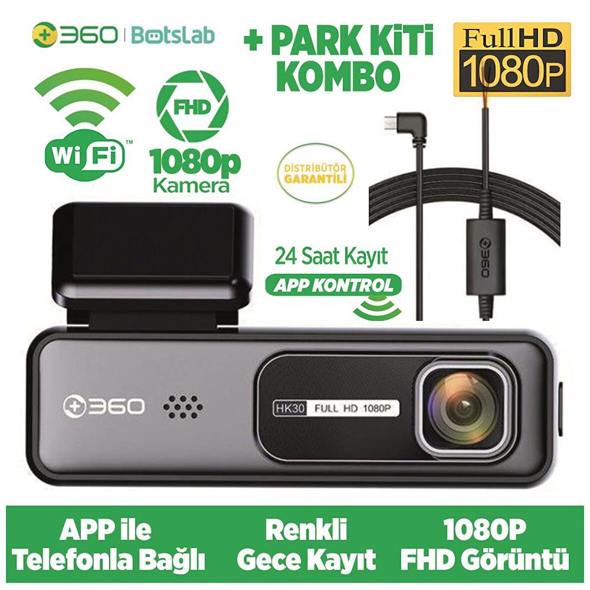 360+ HK30 WiFi 1080P 130° Geniş Açı Gece Görüşlü Akıllı Araç İçi Kamera+ Park Modu Bağlantı Kablosu Combo 