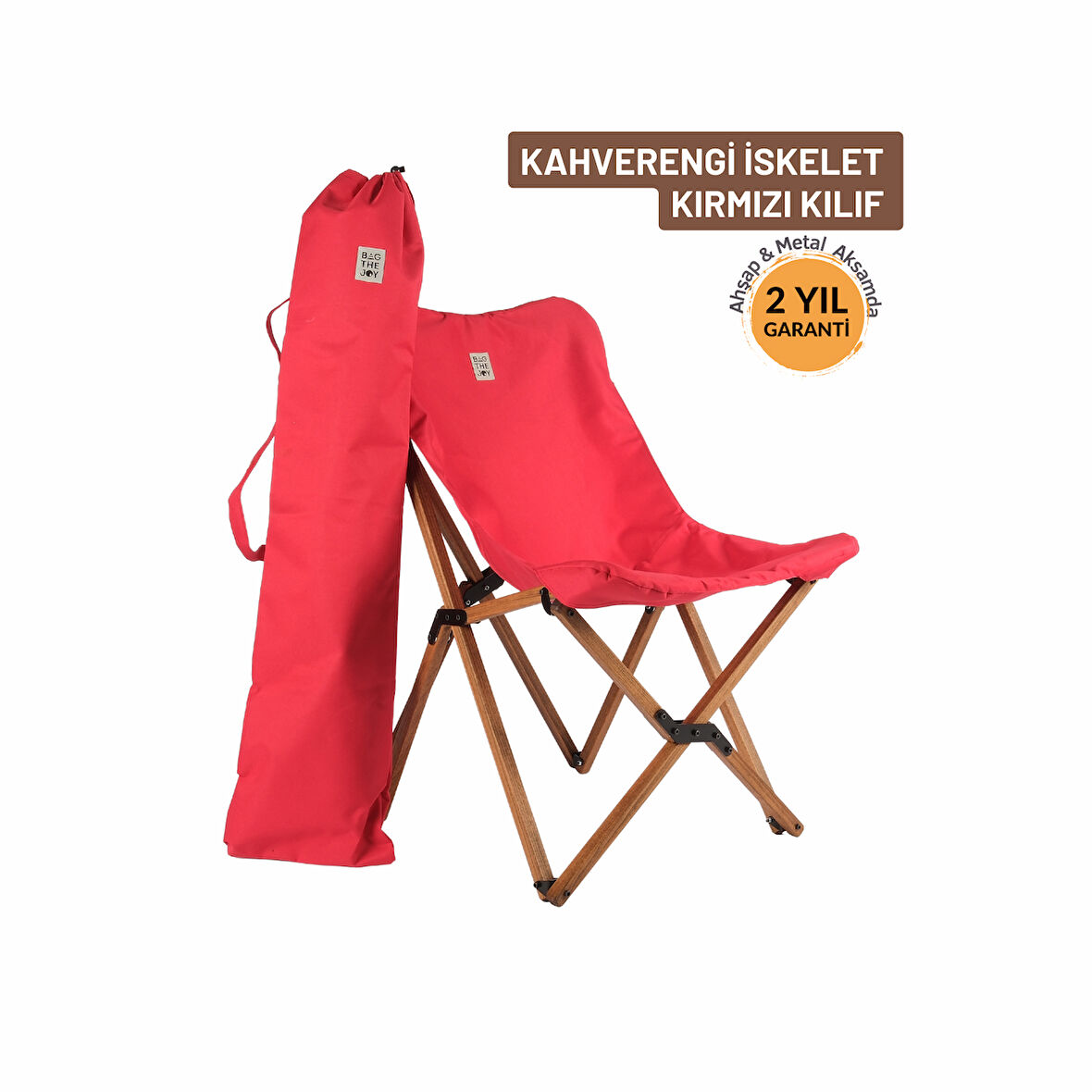BAG THE JOY KATLANIR AHŞAP KAMP ve BAHÇE SANDALYESİ – KAHVERENGİ İSKELET – KIRMIZI KILIF