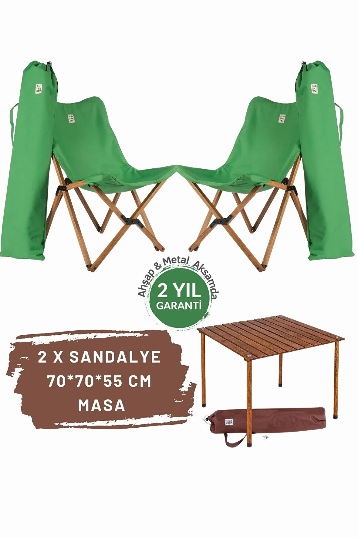 Bag The Joy Ahşap Katlanır Masa Sandalye Seti Kahverengi Iskelet Yeşil Kılıf -70x70x55 Masa
