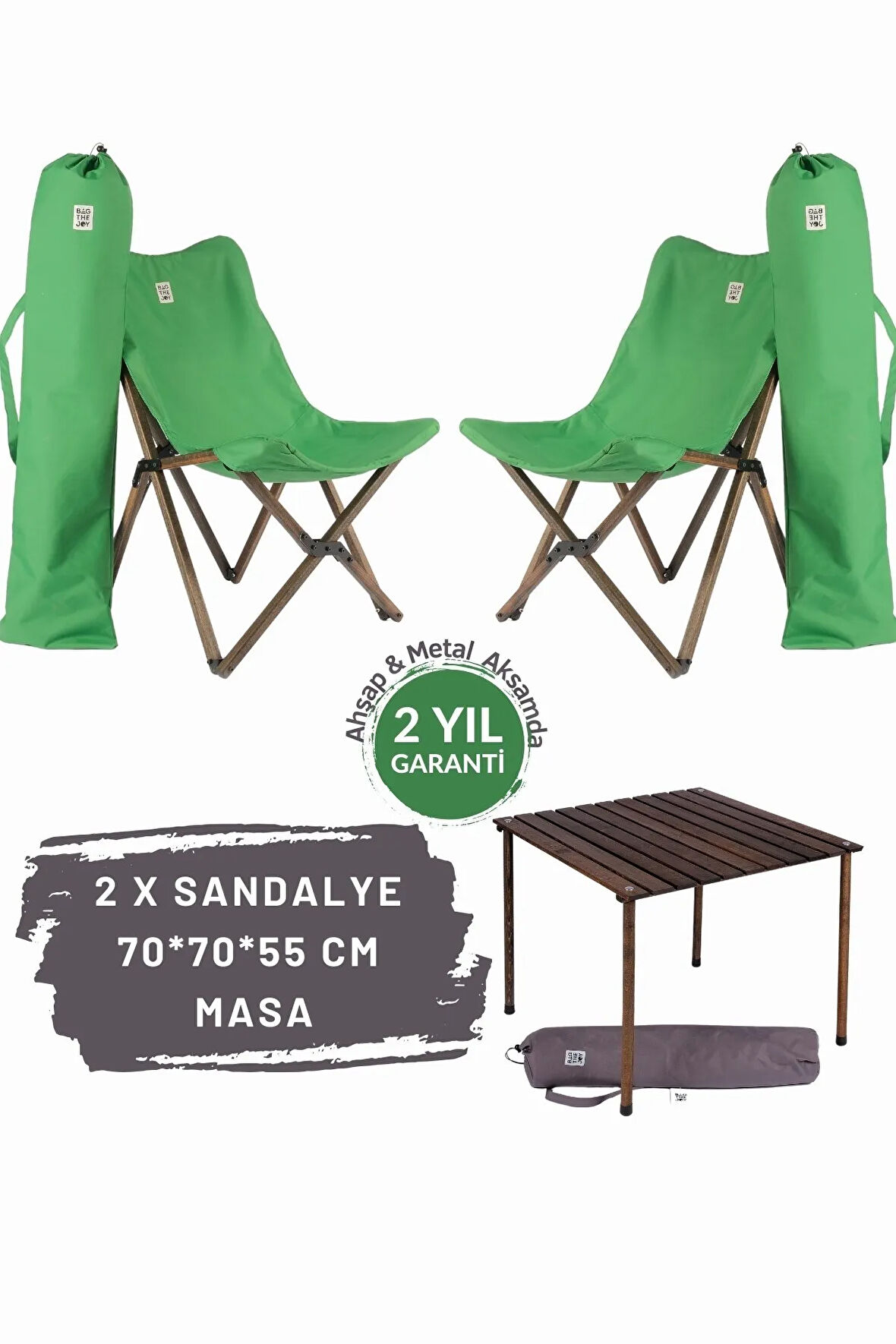 Bag The Joy Ahşap Katlanır Masa Sandalye Seti Antrasit Iskelet Yeşil Kılıf -70x70x55 Masa
