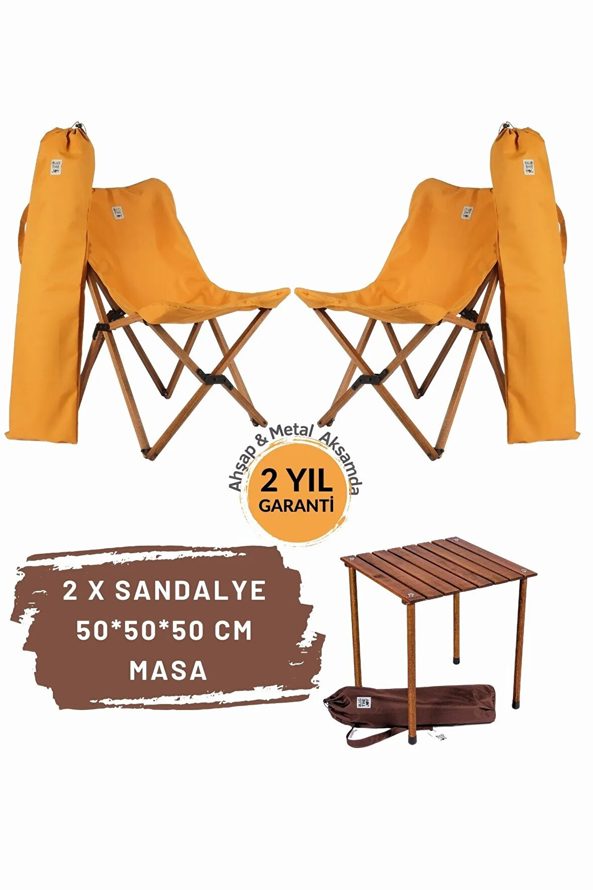 Bag The Joy Ahşap Katlanır Masa Sandalye Seti Kahverengi Iskelet Hardal Kılıf -50x50x50 Masa